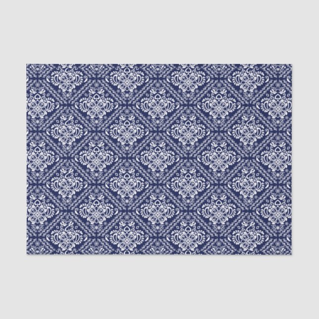 Papel De Seda Damascos Florais Brancos e Fundo Azul (Frente )