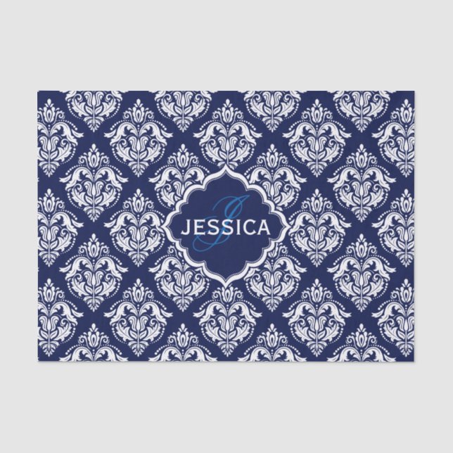 Papel De Seda Damascos Florais Brancos e Fundo Azul (Frente )