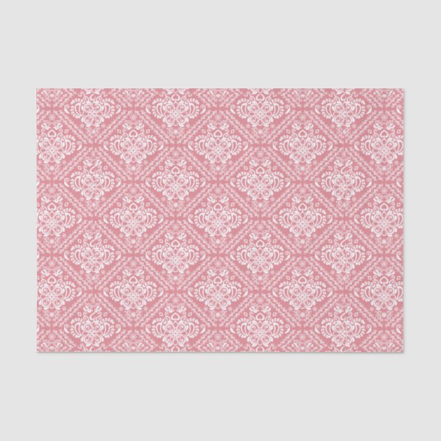 Papel De Seda Damascos Florais Brancos e Fundo Rosa (Frente )