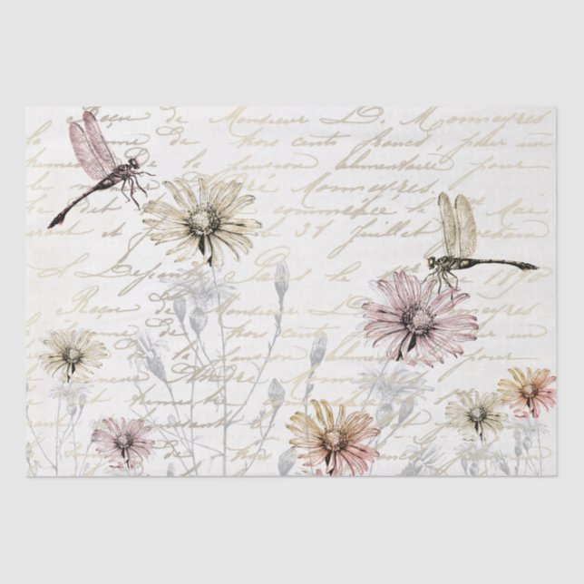 Papel De Seda Damselfly Dancers French Script Meadow Decoupage (Frente )