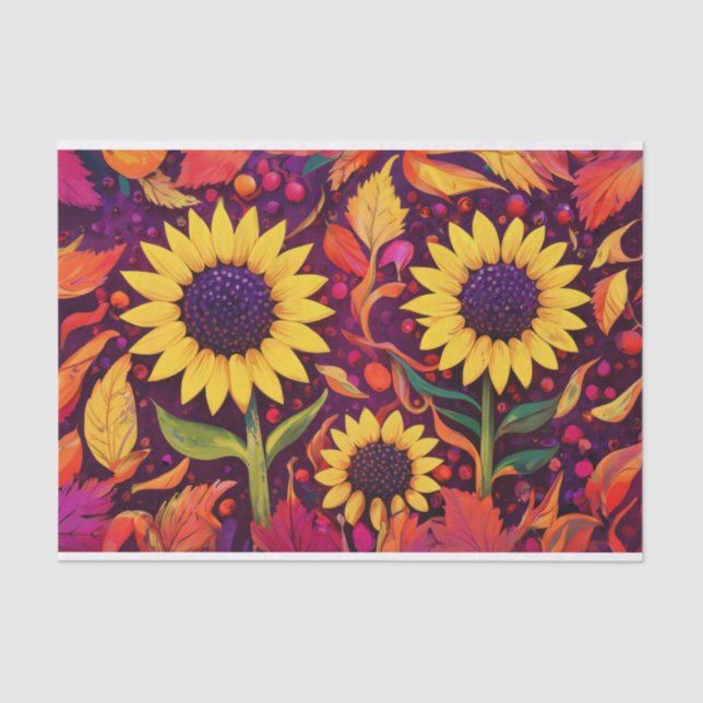 Papel De Seda Dançando Flores do Outono, Girassóis, Folhas de Qu (Frente )