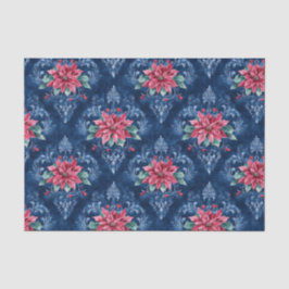 Papel De Seda Dark Blue Damask with Red Poinsettia Flowers