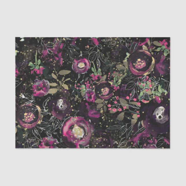 Papel De Seda Dark Moody Berry Plum Sparkle Floral Modern (Frente )
