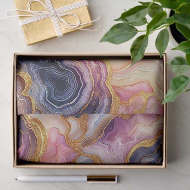 Papel De Seda Dark Purple Pink Gold Marble (Presente)