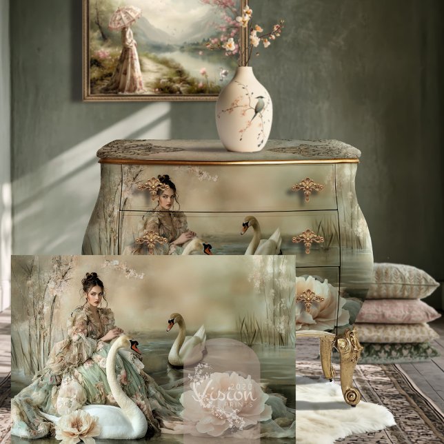 Papel De Seda De bom grado Bouffant Retrato & Cisne (De bonne grâce Elegant Bouffant Portrait Lady & Swan Ethereal Lake Fantasy & Floral decoupage paper.)