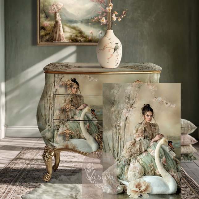 Papel De Seda De bonne grâce Bouffant Portrait & Swan (De bonne grâce Elegant Bouffant Portrait Lady & Swan Art, Ethereal Lake Fantasy Furniture Decoupage.)
