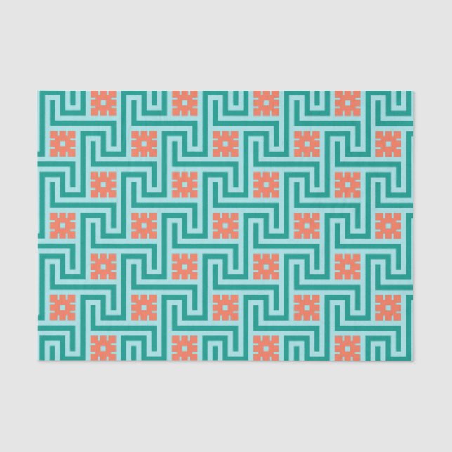 Papel De Seda Deco Chave Grega, Turquesa, Aqua e Coral (Frente )