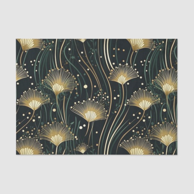 Papel De Seda Deco de arte floral preto em ouro chico (Frente )