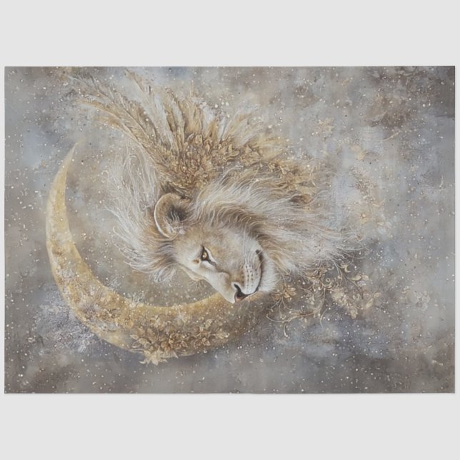 Papel De Seda Decopage Mystical Lions Cabeça Crescente Lua Doura (Frente )