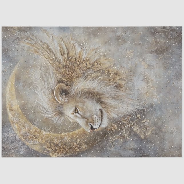 Papel De Seda Decopage Mystical Lions Cabeça Crescente Lua Doura (Frente )