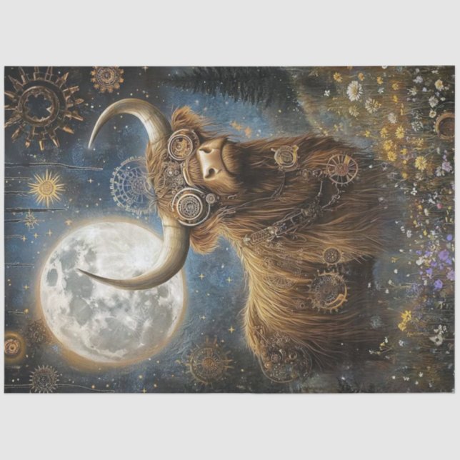 Papel De Seda Decopage Steampunk Highland Cow & Moon (Frente )