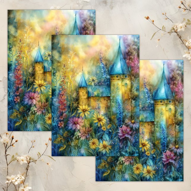 PAPEL DE SEDA DECOPÁGINA DO CASTELO DE FAIXA DE ÁGUA ENCANTADA (ENCHANTED WATERCOLOR GARDEN CASTLE DECOUPAGE TISSUE PAPER)