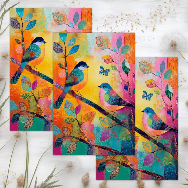 PAPEL DE SEDA DECOUPAÇÃO DAS AVES COLORIDAS (WHIMSICAL COLORFUL BIRD DECOUPAGE TISSUE PAPER)