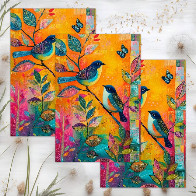 PAPEL DE SEDA DECOUPAÇÃO DAS AVES COLORIDAS (WHIMSICAL COLORFUL BIRD DECOUPAGE TISSUE PAPER)