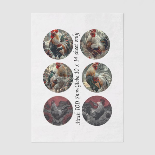 Papel De Seda Decoupage 3" Snow Globe Moulds Roosters Red Barn (Frente )