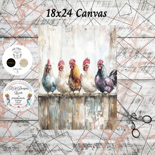 Papel De Seda Decoupage 5 Chickens on a Fence 18x24 Canvas (Criador carregado)