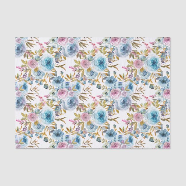 Papel de Seda Decoupage Aquarela Floral Rosa Azul (Frente )