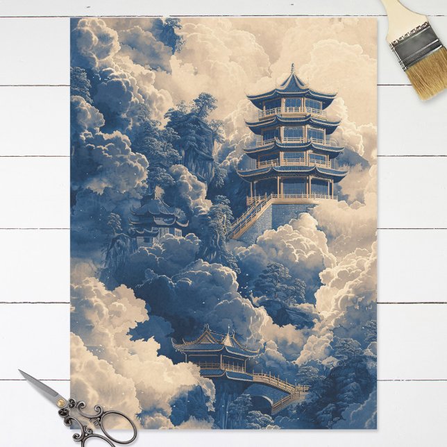Papel De Seda Decoupage Azul do Templo Oriental Chinoiserie (Criador carregado)