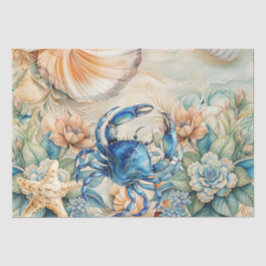 Papel De Seda Decoupage Azul Pastel Praiano Caranguejo e Conchas