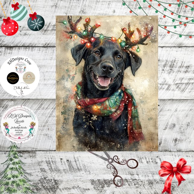 Papel De Seda Decoupage Black Lab Luzes de Natal Antlers  (Criador carregado)