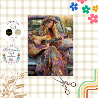 Papel De Seda Decoupage Boho Garota Tocando Violão Caminhão Anti