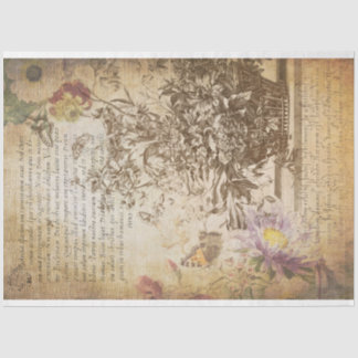 Papel De Seda Decoupage Botânica Gravada com Borboleta Vintage