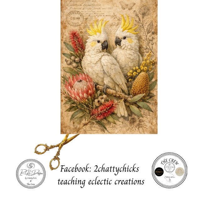 Papel De Seda Decoupage Cacatuas Australianos Botânicos Vintage  (Criador carregado)