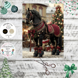 Papel De Seda Decoupage Cavalo de Natal Preto Arreios Vermelhos