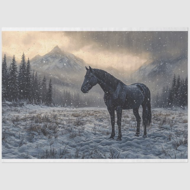 Papel De Seda Decoupage Cêntica da Paisagem Neve do Cavalo Negro (Frente )
