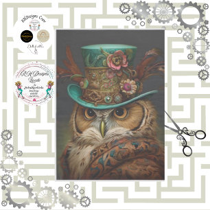 Papel De Seda Decoupage Coruja Steampunk Verde-azulado e Chapéu