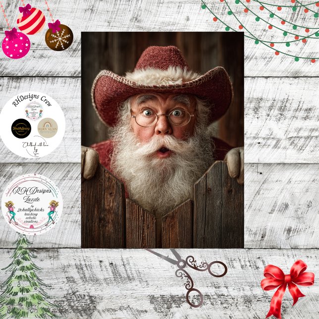 Papel De Seda Decoupage Cowboy Papai Noel Espiando Cerca Rústica (Criador carregado)