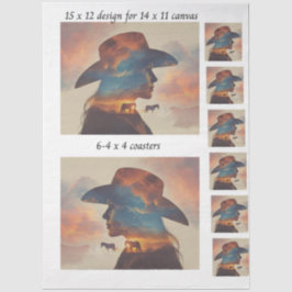 Papel De Seda Decoupage Cowgirl Silhouette 11x14 Canvas Coasters