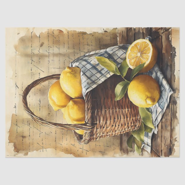 Papel De Seda Decoupage da Cesta de Aquarela de Limões (Frente )