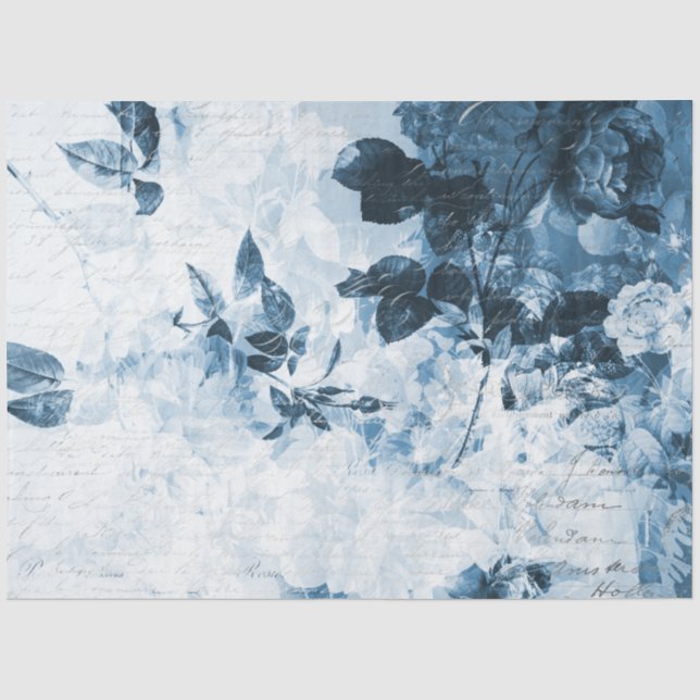 Papel De Seda Decoupage da Ephemera, Floral Azul e Branco (Frente )