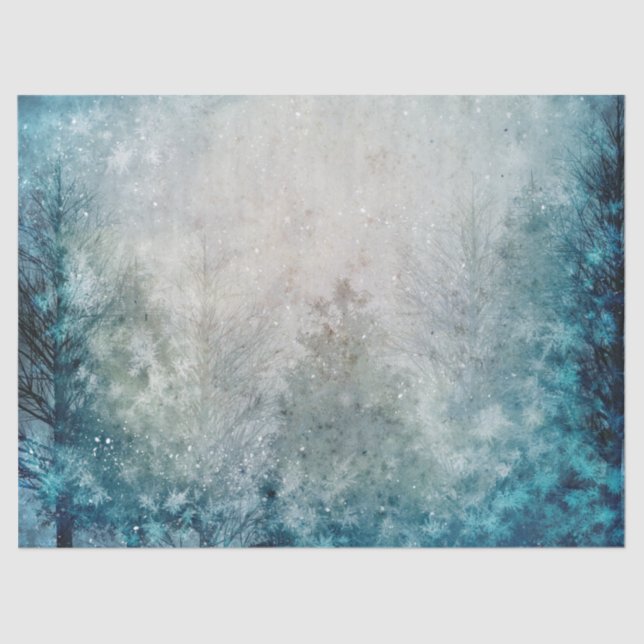 Papel De Seda Decoupage da Floresta de Pinheiro de inverno Teal (Frente )