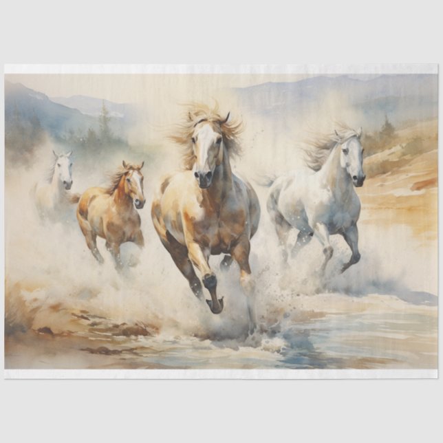 Papel De Seda Decoupage de Aquarela de Cavalos Selvagens (Frente )