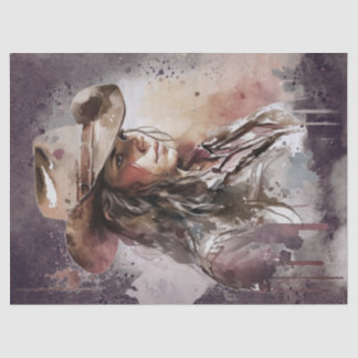 Papel De Seda Decoupage de Aquarela de Cowgirl Ocidental