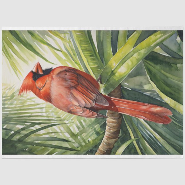 Papel De Seda Decoupage de Árvore Tropical com Cardinal em Aquar (Frente )