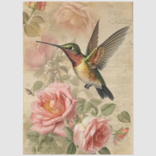 Papel De Seda Decoupage de Beija-flor Vintage e Rosas Rosadas