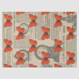 Papel De Seda Decoupage de Borboleta Laranja Vintage e Jornal