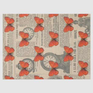 Papel De Seda Decoupage de Borboleta Laranja Vintage e Jornal