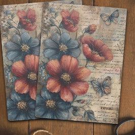 Papel De Seda Decoupage de Buquê de Papoula Azul e Vermelho Vint