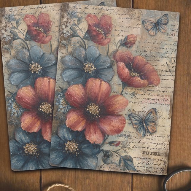 Papel De Seda Decoupage de Buquê de Papoula Azul e Vermelho Vint (Criador carregado)