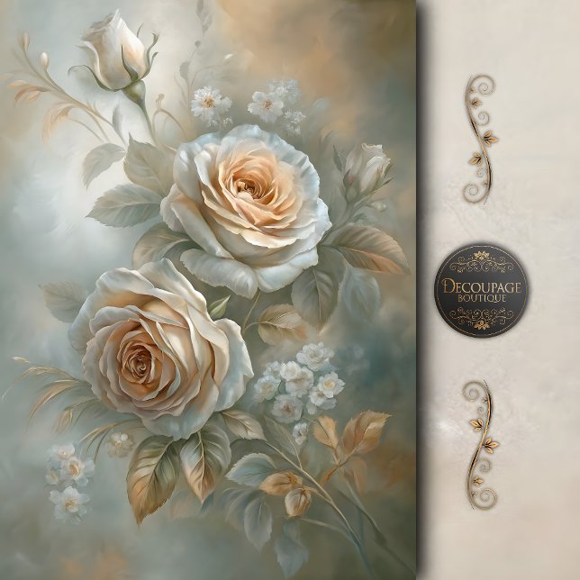Papel De Seda Decoupage de Buquê de Rosa Marfim Macio (Soft Ivory Rose Bouquet Decoupage Tissue Paper)
