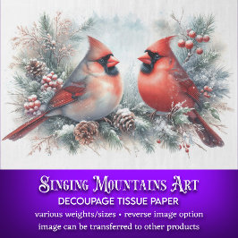 Papel De Seda Decoupage de Cardinals em Aquarela para Natal Rúst