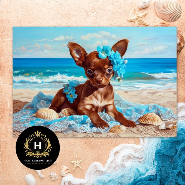 Papel De Seda Decoupage de Chihuahua Puppy Blue Floral Beach (Criador carregado)