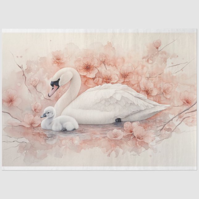 Papel De Seda Decoupage de Cisne e Flores Rosa Bege (Frente )