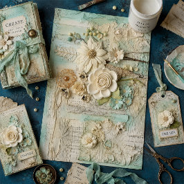 Papel De Seda Decoupage de Colagem Floral Vintage em Creme e Hor