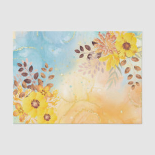 Papel De Seda Decoupage de Cor de Água Azul-Flor Amarelo