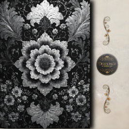 Papel De Seda Decoupage de Damasco Floral Preto Prata
